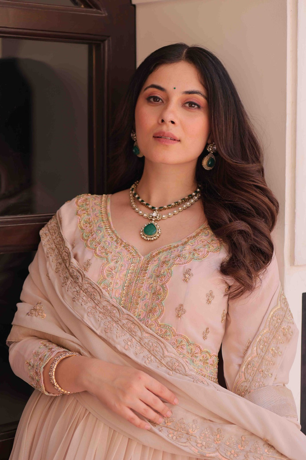 Cream Color Star Georgette Embroidered Gown