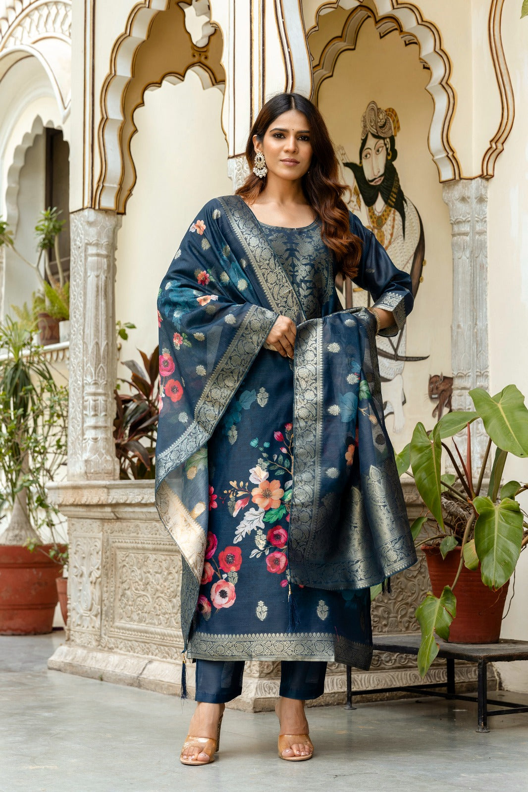 midnight blue Green Banarasi Silk Suit Set with Floral Dupatta