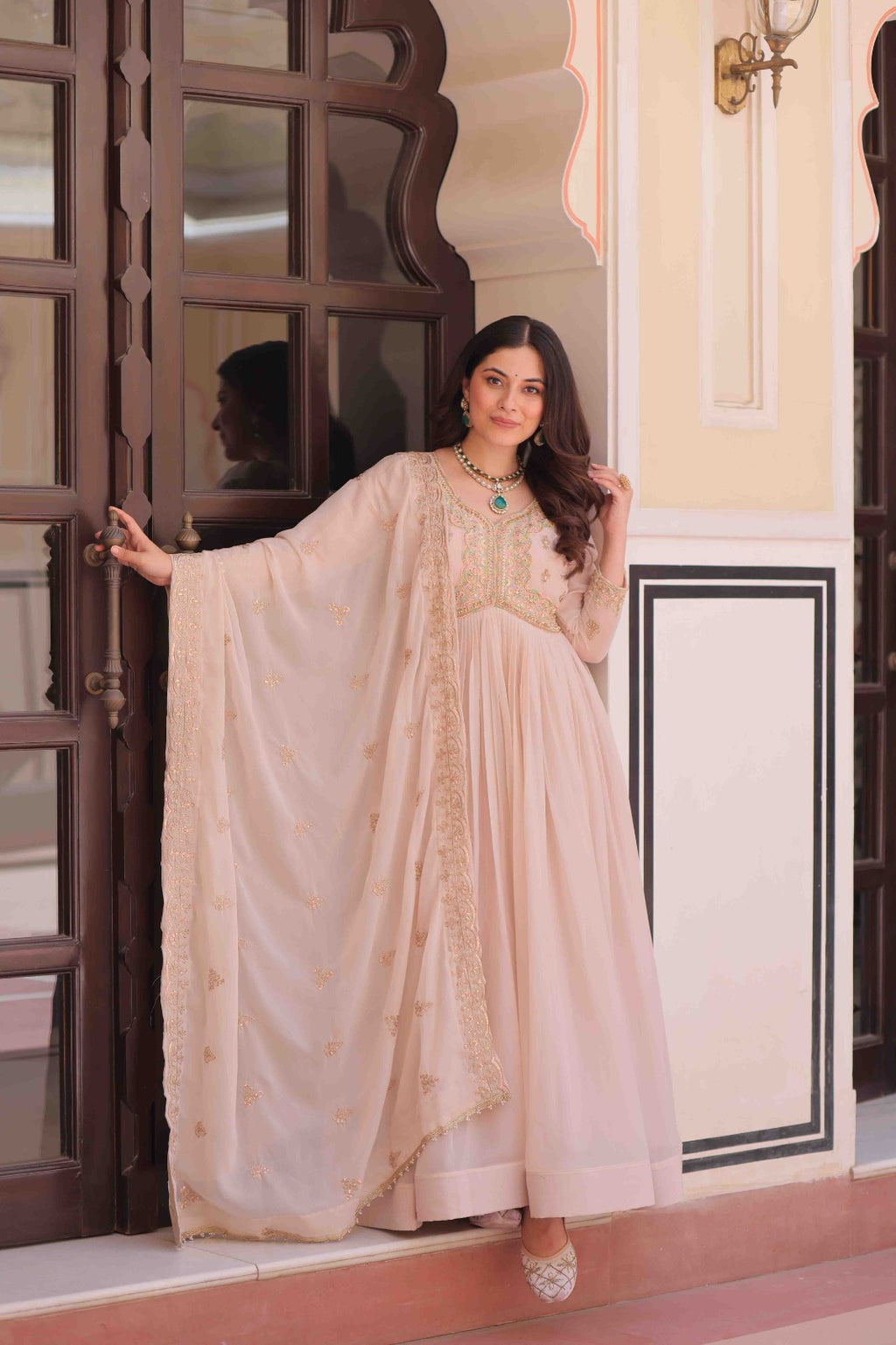 Cream Color Star Georgette Embroidered Gown